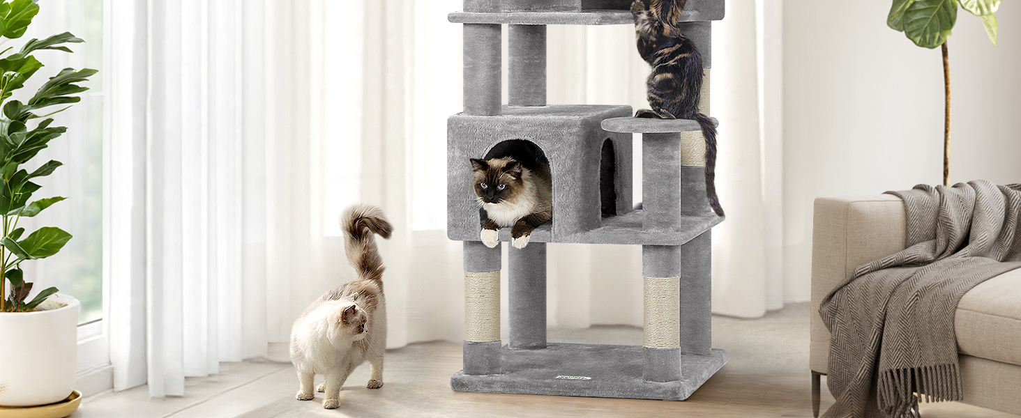 Драбина-стіл для котів Globlazer з 3 будиночками, платформа, 5 сизалевих стовпчиків, кошик та іграшками, 168 см, сірий