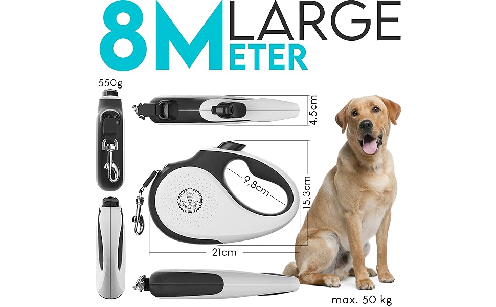 Витяжна повідка для собак HUND IST KÖNIG 8м для малих та великих собак | Міцна витяжна повідка до 50кг | Зручна ручка, преміум-якість | Білий/Чорний