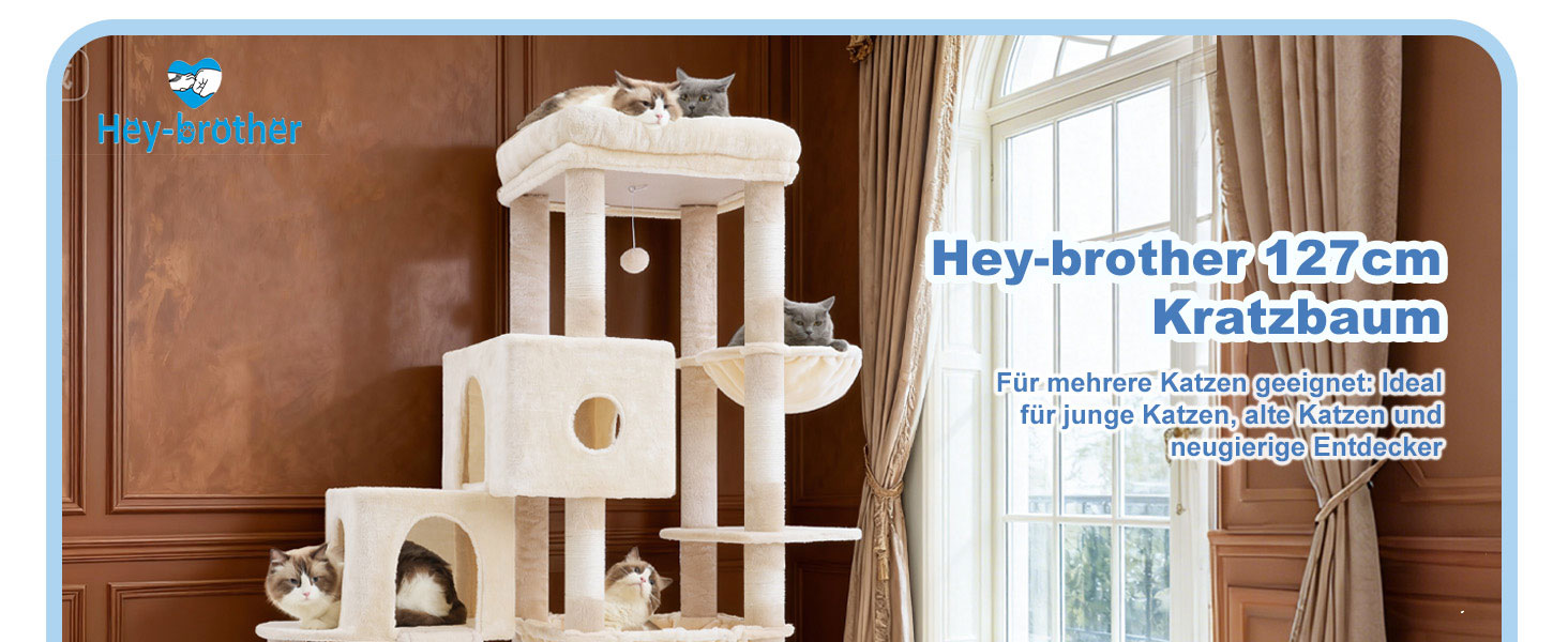 Котячий будиночок Hey-brother Kratzbaum: велика платформа, 2 печери, гамак, дряпальня з сизалю, кошик, 127 см, MPJ071W (Бежевий)