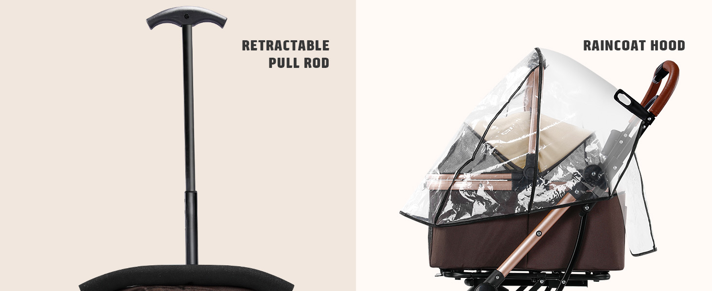 Візок для котів та собак Gimars 20кг, 4-в-1, складання, поворот 360°, гумові колеса, гальмо, захист від дощу, регульована ручка, хакі