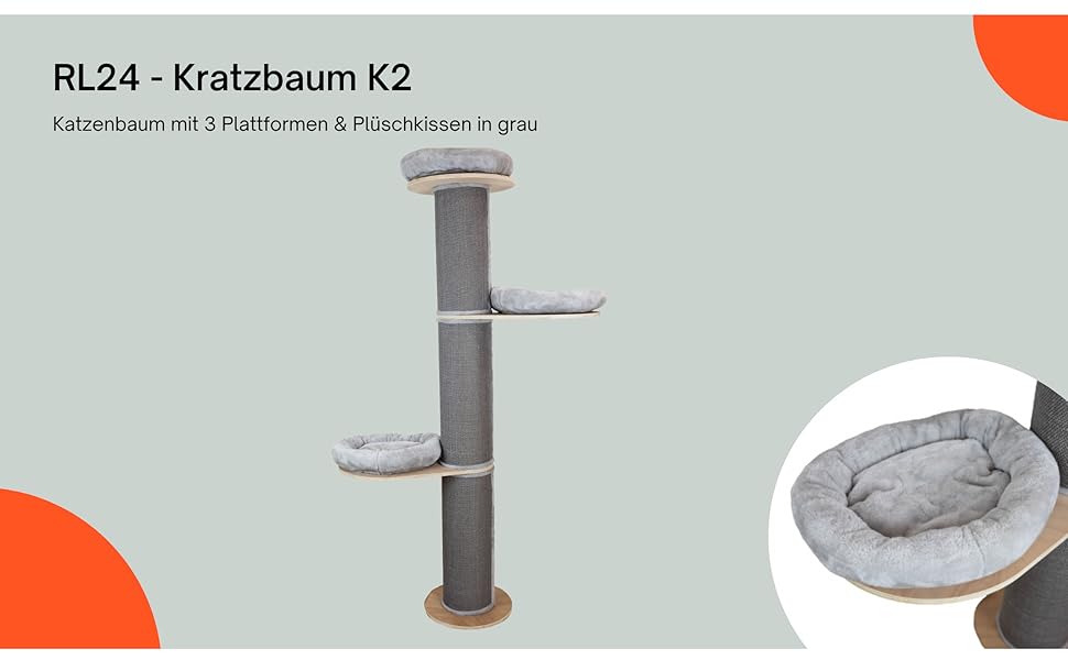 Котячий комплекс K2 RL24: когтеточка з 3 платформами, сірий, з плюшевими подушками, стовп з сизалевим килимом, діаметр 22 см, висота 187 см, меблі для котів