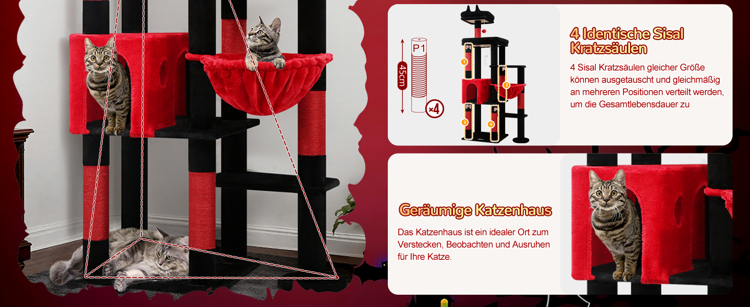 Дерев'яний комплекс для котів Globlazer з висотою 167 см, широкою платформою, будиночком, кошиком та іграшками. Стабільний, підходить для 2-4 котів. Чорний/червоний (F65B)