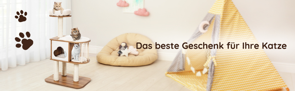 Котячий будиночок GYMAX: стабільний котячий будиночок, котячі меблі, котячий когтетоп, крізь-дерево для котів, висота 117 см (колір: коричневий)