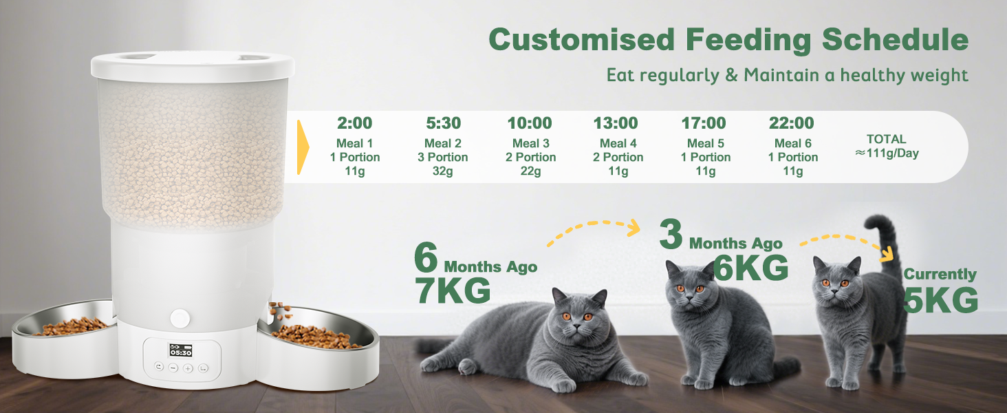 Автоматичний годівниця для котів та собак Gimars 5L з LCD-дисплеєм, 2 миски, програмування, 1-6 прийомів їжі, голосовий запис, білий колір