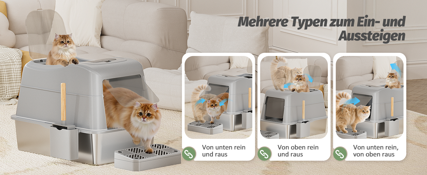 XXL Лоток для котів зі сталі з кришкою, 110° поворотна кришка, закритий лоток для котів, великий об'єм 40л з совочком та педальним механізмом, без запаху, захист від протікання та легке очищення, 60х42х44 см