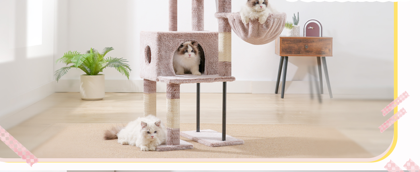 Котячий будиночок Heybly Kratzbaum HCT200SW: зручний когтетоп з будиночком, стійка конструкція 125 см (коричнево-бежевий)