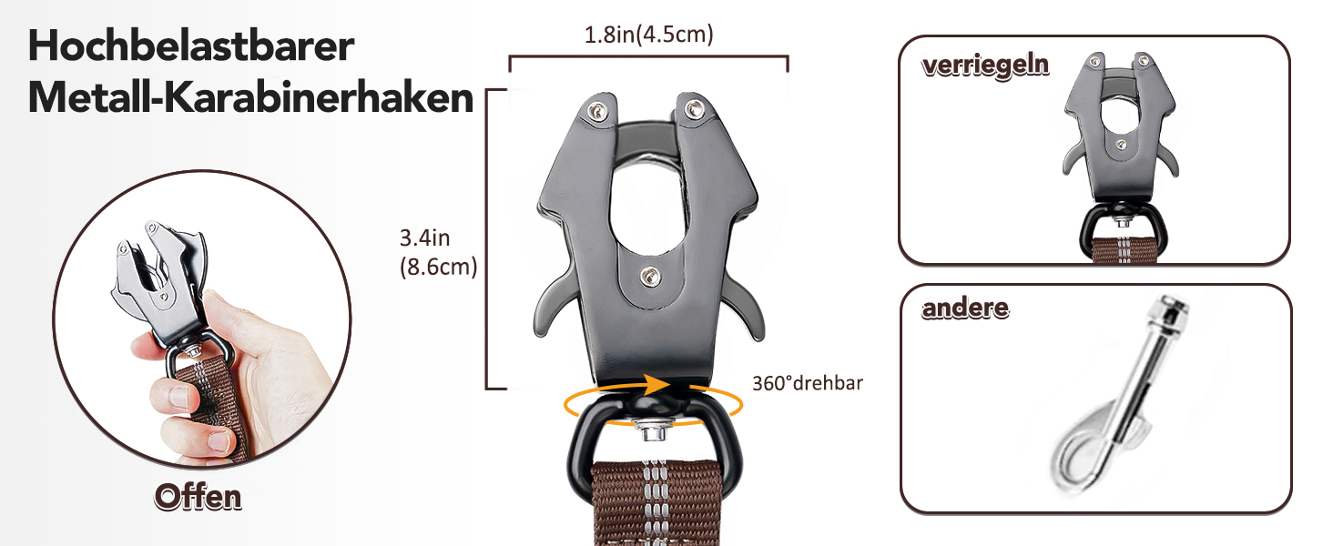 Тактична повідок для собак Joytale, еластична повідок з 2 м'якими ручками, страхувальний ремінь для автомобіля, повідок без ривка для собак середніх, великих та екстра-великих порід (1.2м-1.8м, коричнева)