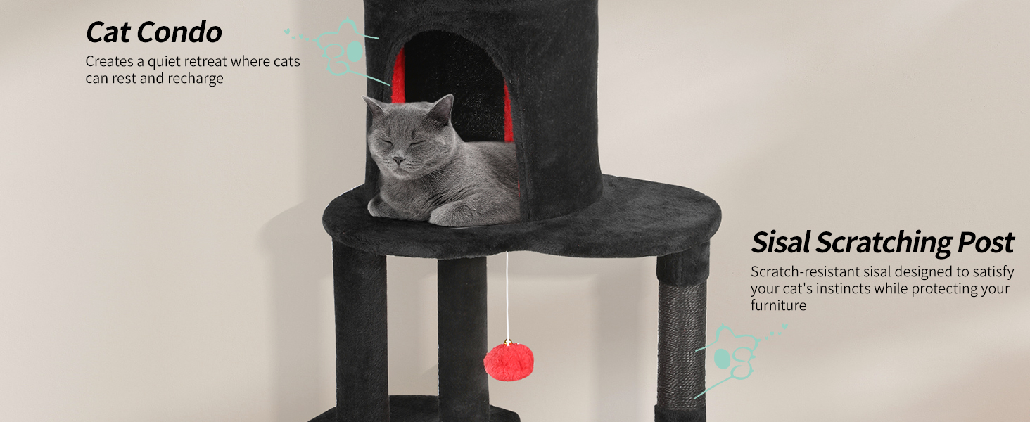 Котячий комплекс YITAHOME XXL, 142 см, з 8 стовпчиків сизалю, 3 платформи, 2 печери, гамак, іграшки, чорно-червоний