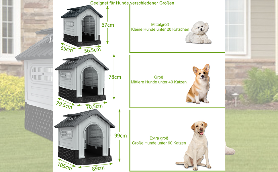 Будка для собак Aufun, пластикова, сіра, 65x56.5x67 см, M, для вулиці та дому, водонепроникна, ізольована