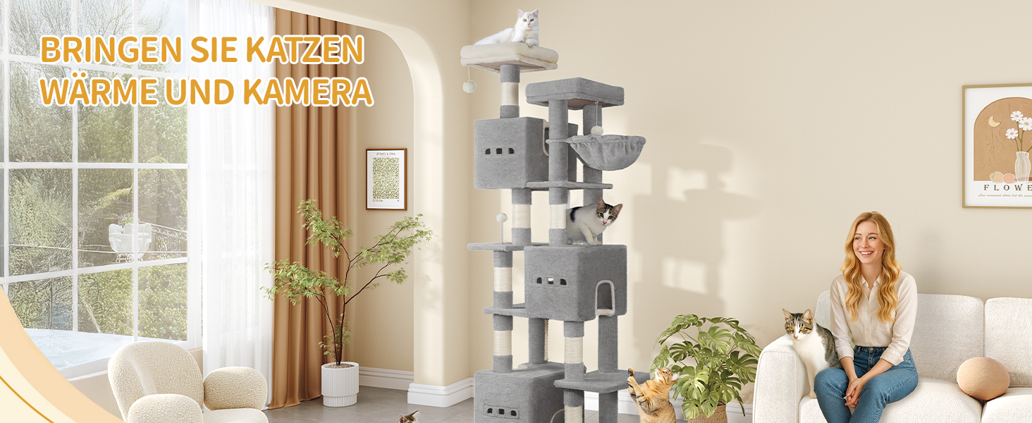 Великий котячий будиночок-кліматизатор, 193 см, XXL, 7 стовпчиків для дряпання, 3 будиночки, 2 платформи, 2 іграшкові кульки, кошик, мотузка для лазіння, багатоповерховий, сірий, MS19218LG