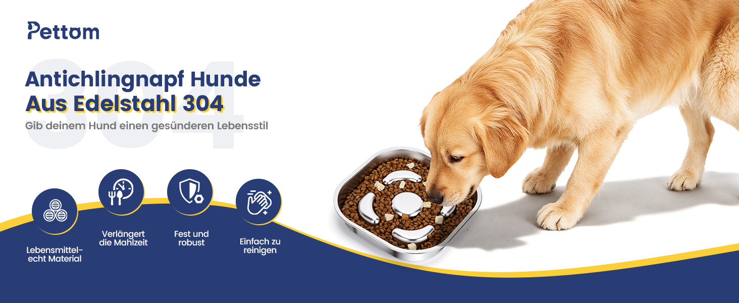 PETTOM Миска для собак протиковтання, нержавіюча сталь, Ø21 см, велика, повільне годування (23*23*4,5 см)