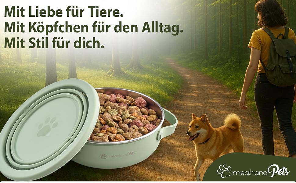 Hana Pets: Миска для годування тварин у дорогу 900 мл з кришкою - ідеальна для подорожей, на вулицю. Нержавіюча сталь, складаний силіконовий кришкою, аксесуар для собак - міцна, компактна, гігієнічна