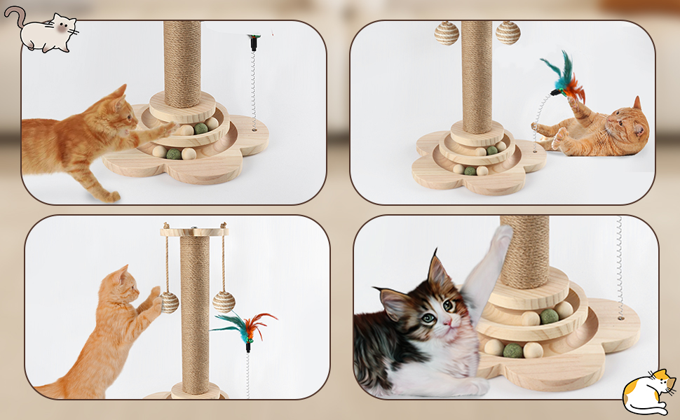 Іграшка для котів 4 в 1: когтеточка, інтерактивна іграшка з кульками, мотузка з сизалю, дерев'яна квітка