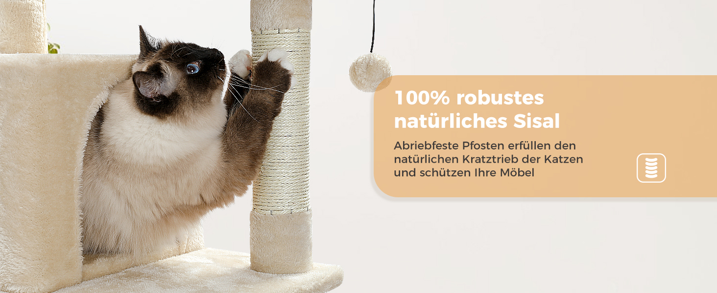 PAWZ Road Дряпка для котів велика, 184 см, 7 стовпів сизалю, гніздо, кошик, для дому, бежевий