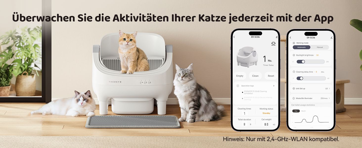 Автоматичний лоток для котів Thereye з самоочищенням, датчиком безпеки та мобільним додатком, тихий дизайн, видалення запаху, для котів вагою 1,5-12,5 кг, захист від защемлення, 14 днів відходів