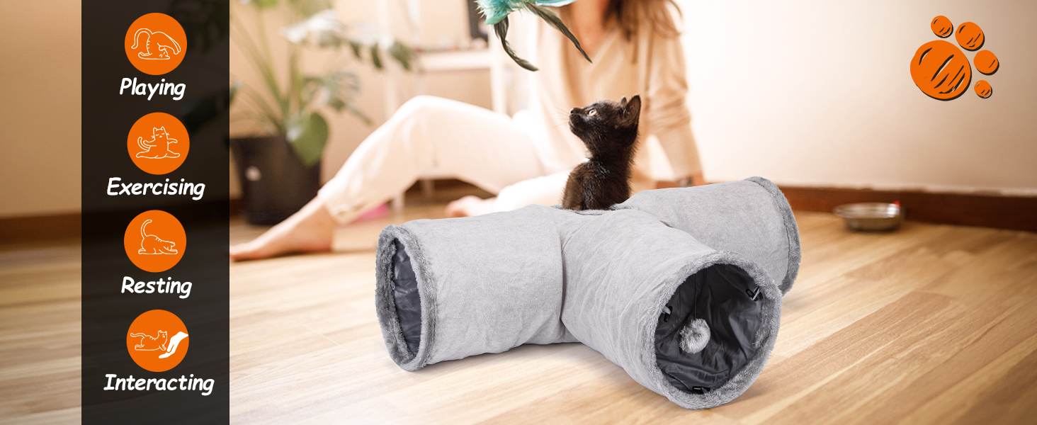 Туннель для котів Nobleza, 3-х ходовий, складаний, з іграшкою-м'ячиком, сірий, 80x30x25 см