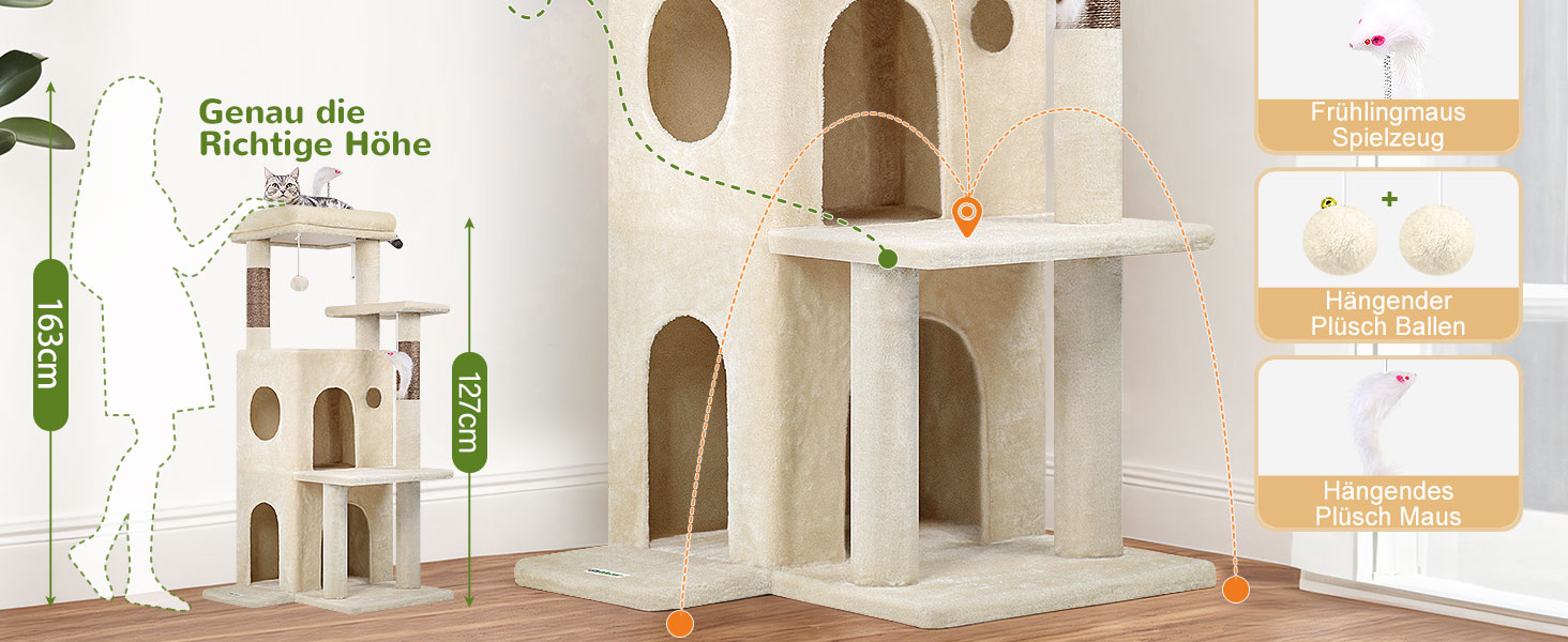 Дерев'яний комплекс для котів Globlazer з будиночком, платформами та іграшками, 127 см, бежевий (XL)