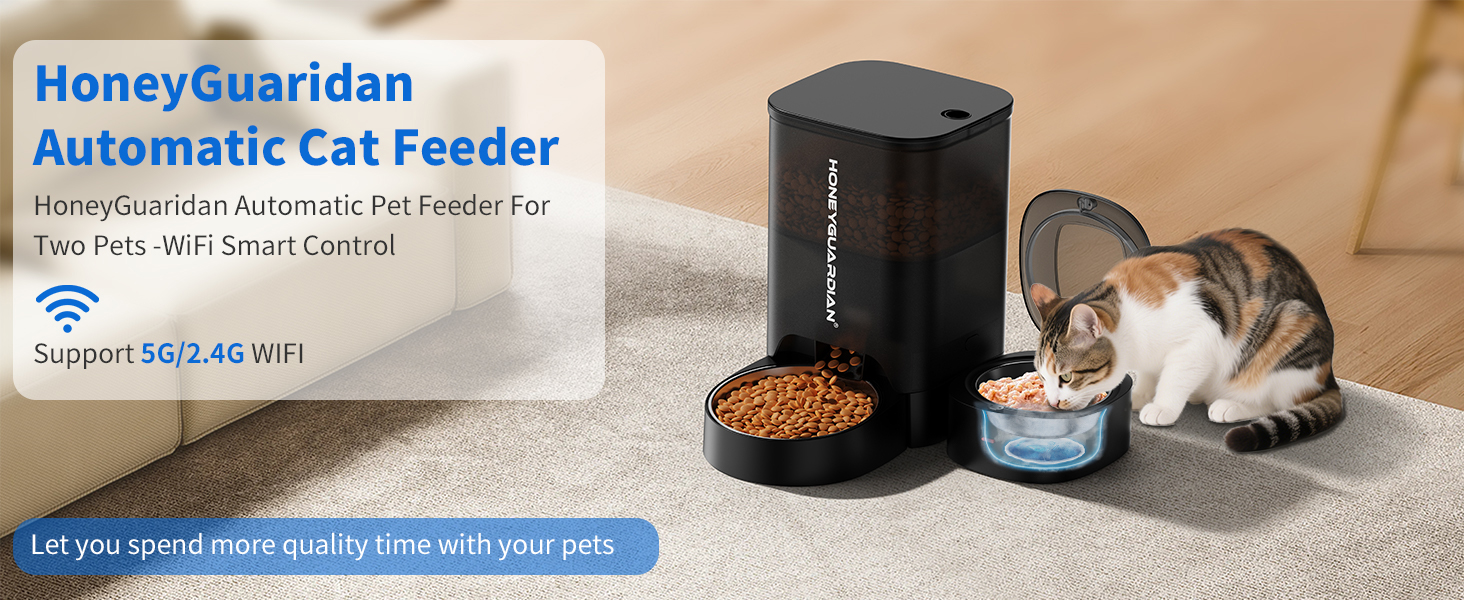 Автоматичний годівниця для котів HoneyGuaridan 2-в-1 з Wi-Fi, для сухого та вологого корму, з охолодженням та сухим мішечком, чорний