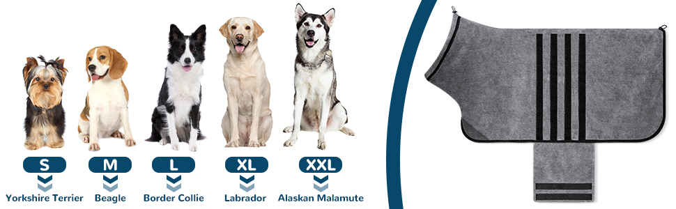 Рушник для собак з мікрофібри, сірий, XL. Швидковисихаючий, з клямками та регульованою стрічкою. Для великих, середніх та маленьких собак