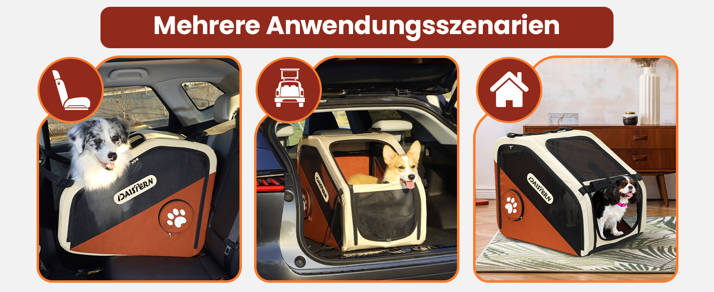 Складана переноска для собак у машину та в подорожі, Softbox для маленьких та середніх собак, швидке складання за 1 хвилину, міцний металевий каркас, дихаючі сітчасті вікна та зручний доступ, коричнева