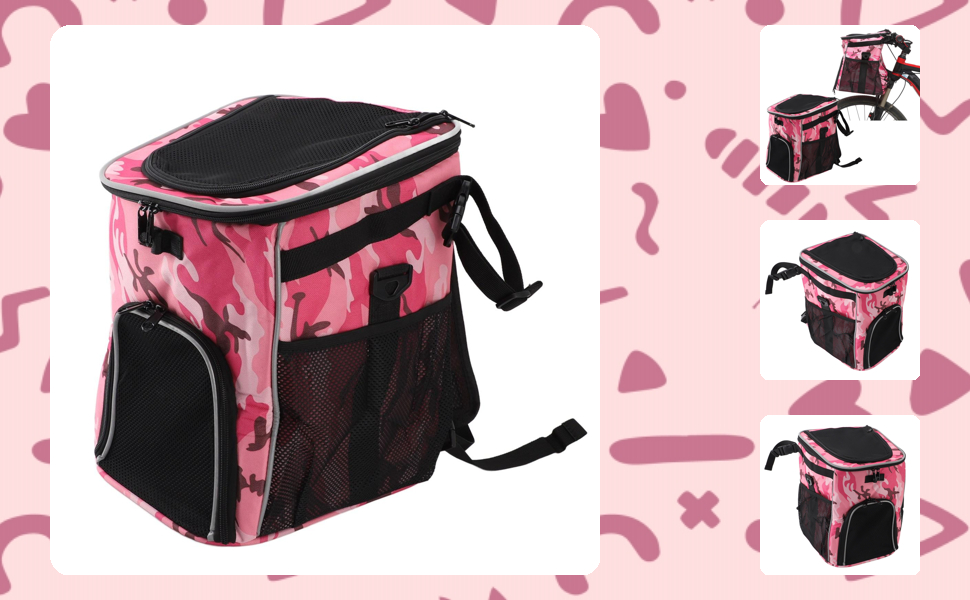 Корзина для собак у велосипед, велика місткість, водовідштовхувальна, дихаюча, для легкої збірки та чищення, сумка-переноска для тварин для подорожей на природі (Рожевий камуфляж)