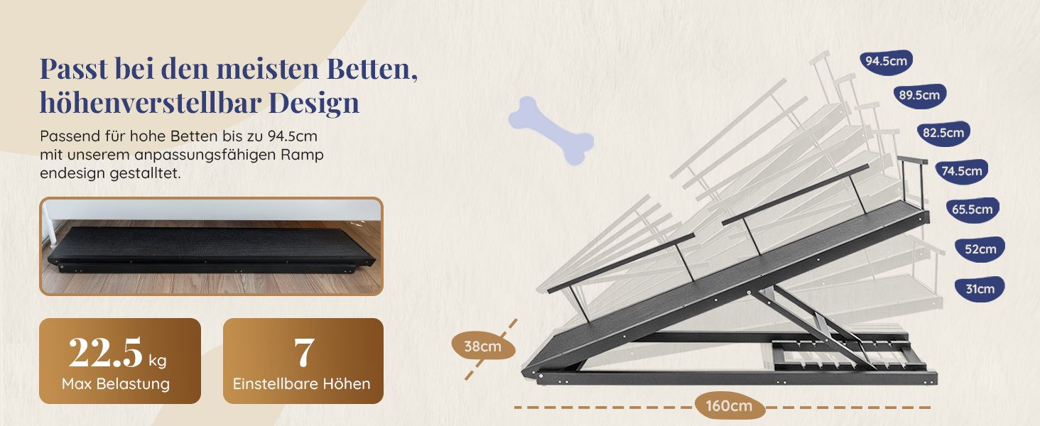 Сходинки для собак PRIORPET з берези з поручнями - регульована висота до 94.5 см - складаються - антиковзні ручки - для малих собак до 23 кг - коричневі (чорні)
