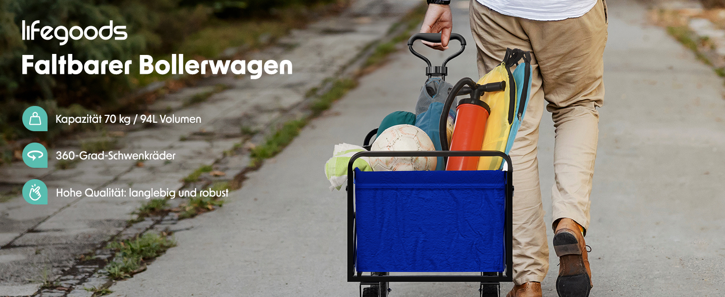 Візок-тачка LifeGoods складний, 98x45 см, блакитний – 94 л, колеса з гуми, 360°