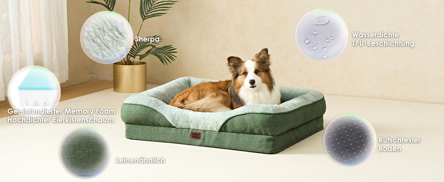 Ортопедичне ліжко для собак середніх порід, 91x68x17.5 см, Memory Foam, водонепроникне, з 4 бортиками, антиковзаюче, зелене