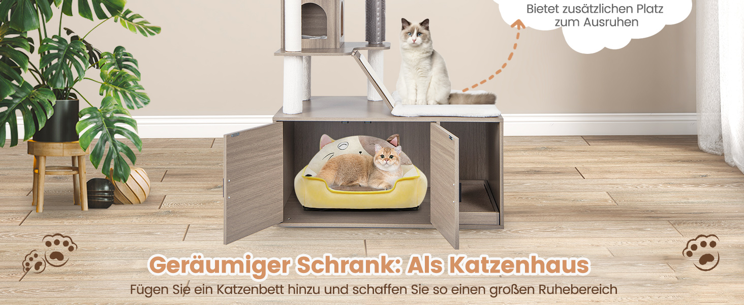 Дім-кігтеточка для котів COSTWAY з будиночком, ігровим м'ячиком та подушкою, сірий, 95x55,5x132 см