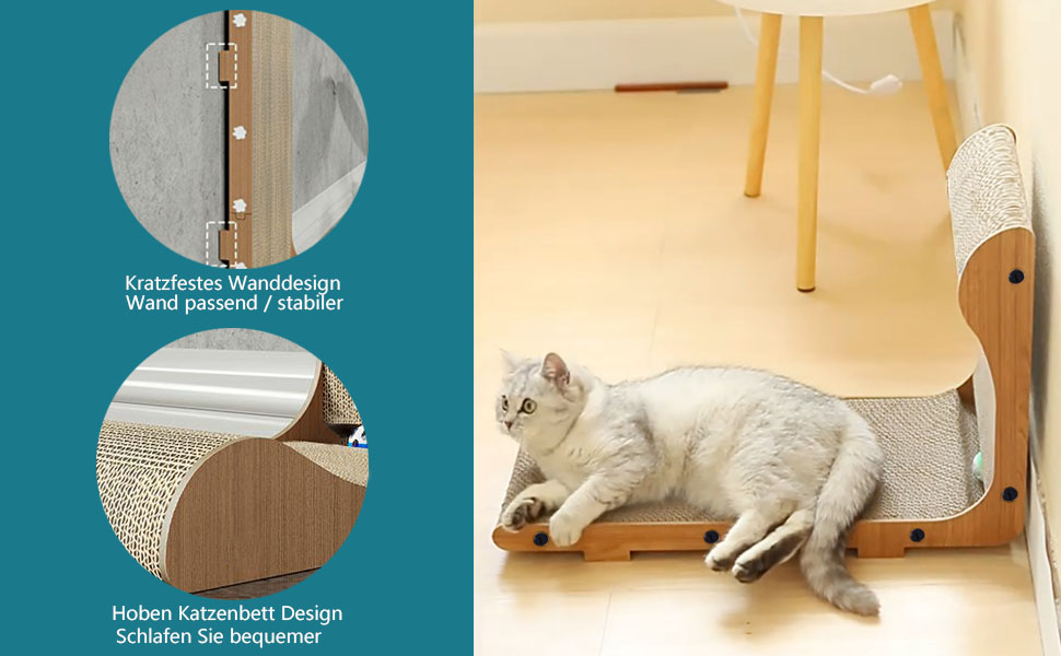 Кігтеточка для котів L-подібної форми, настінний монтаж, 60 см, вертикальна/горизонтальна, з іграшкою-кулькою, економія місця, довговічна конструкція для дому