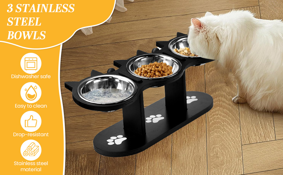 Набір мисок для котів 3 шт. з нержавіючої сталі, підняті миски для котів та маленьких собак, дерев'яна годівниця для котів, чорний колір