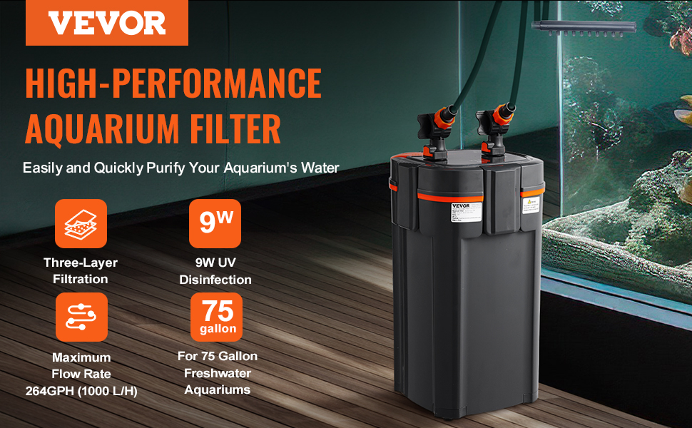 VEVOR фільтр для акваріума 264GPH, 3-ступеневий каністровий фільтр 284 л, ультратихий внутрішній акваріумний фільтр з UV-захистом, багатофункціональний занурюваний фільтр, 11 Вт