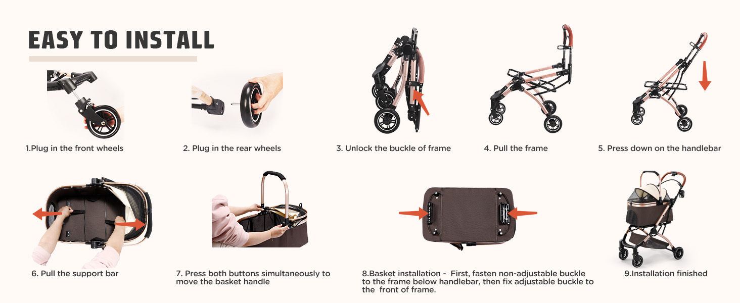 Візок для котів та собак Gimars 20кг, 4-в-1, складання, поворот 360°, гумові колеса, гальмо, захист від дощу, регульована ручка, хакі