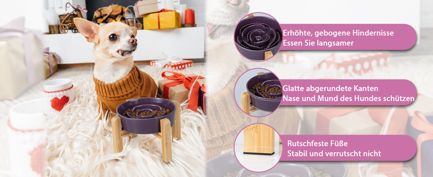 Антислизька годівниця для собак з кераміки, піднята - годівниця на бамбуковому підставці - для повільного годування - для маленьких та середніх собак - біла - діаметр 17 см