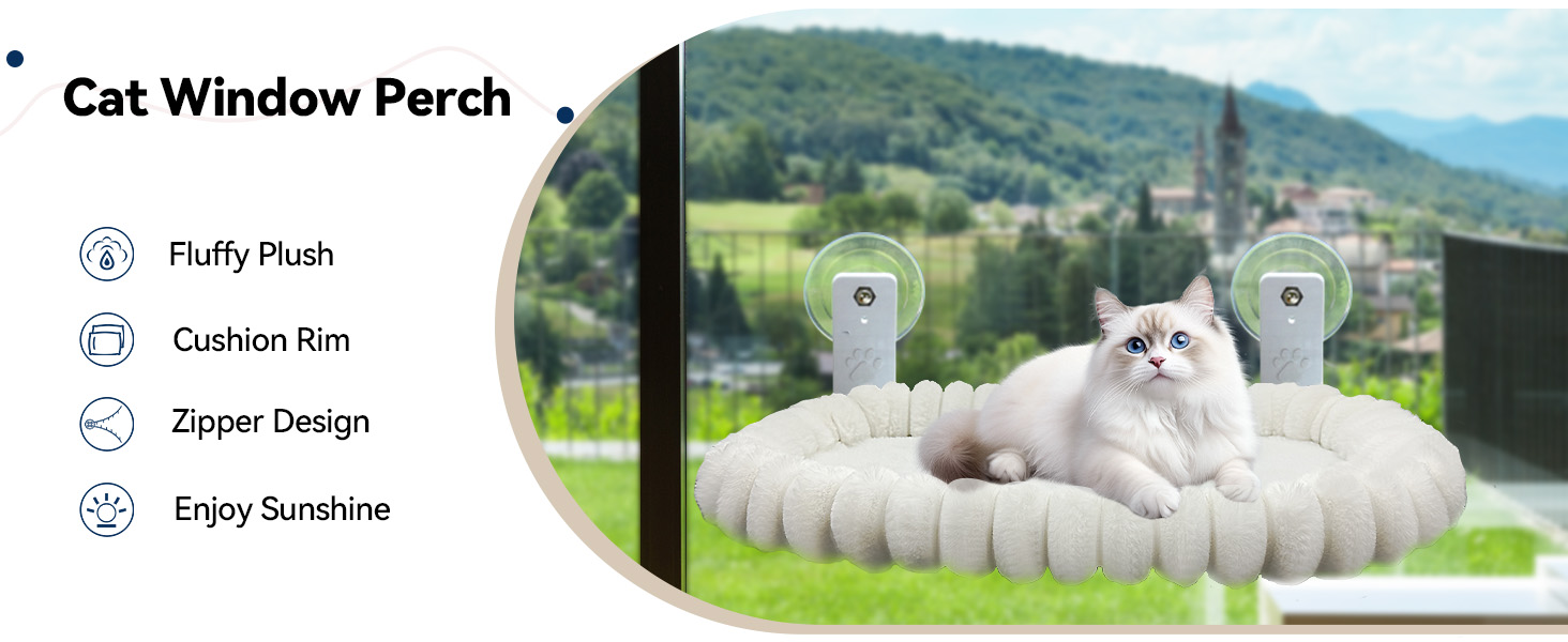 Килимок для котів на вікно CareCooo, лежанка для котів на вікно з м'яким знімним чохлом, стабільна лежанка для котів на вікно до 18 кг, розмір M (52x30 см), білий