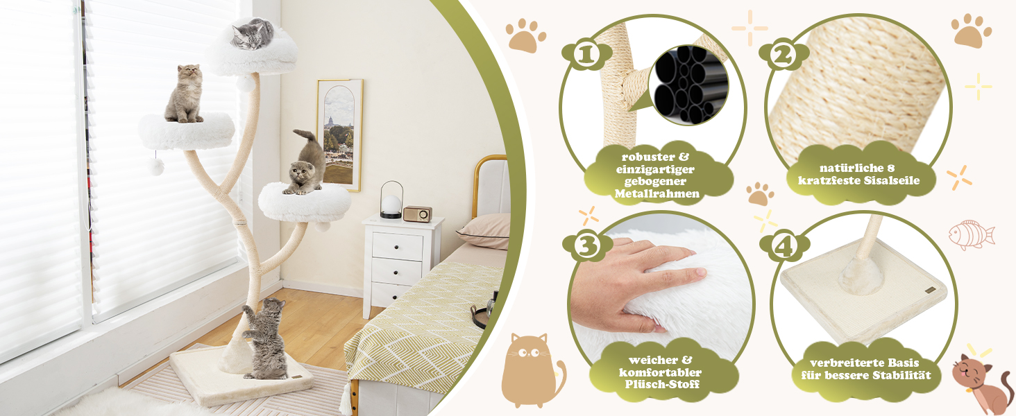 Дерев'яний кігтетопор для котів COSTWAY 178 см з 3 лежаками, м'ячиками та сизалевими стовпчиками, великий, з металевим каркасом, сірий