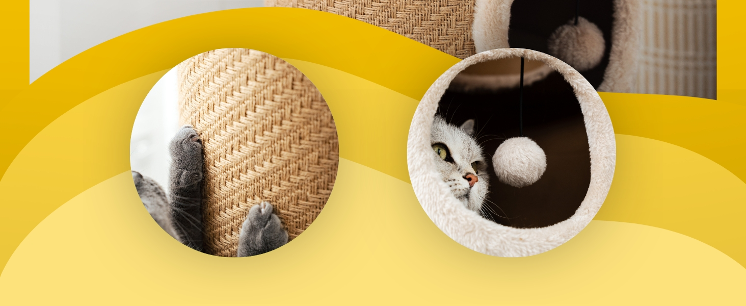 Котячий когтетоп Lionto з сизалю з іграшковим м'ячиком та плюшевим обідком, висота 50 см. Стабільний когтетоп для кошенят та дорослих котів, ідеальний догляд за кігтями та розваги, багато місць для хованнів, діаметр 36 см, висота 50 см (джут, висота 70 см)