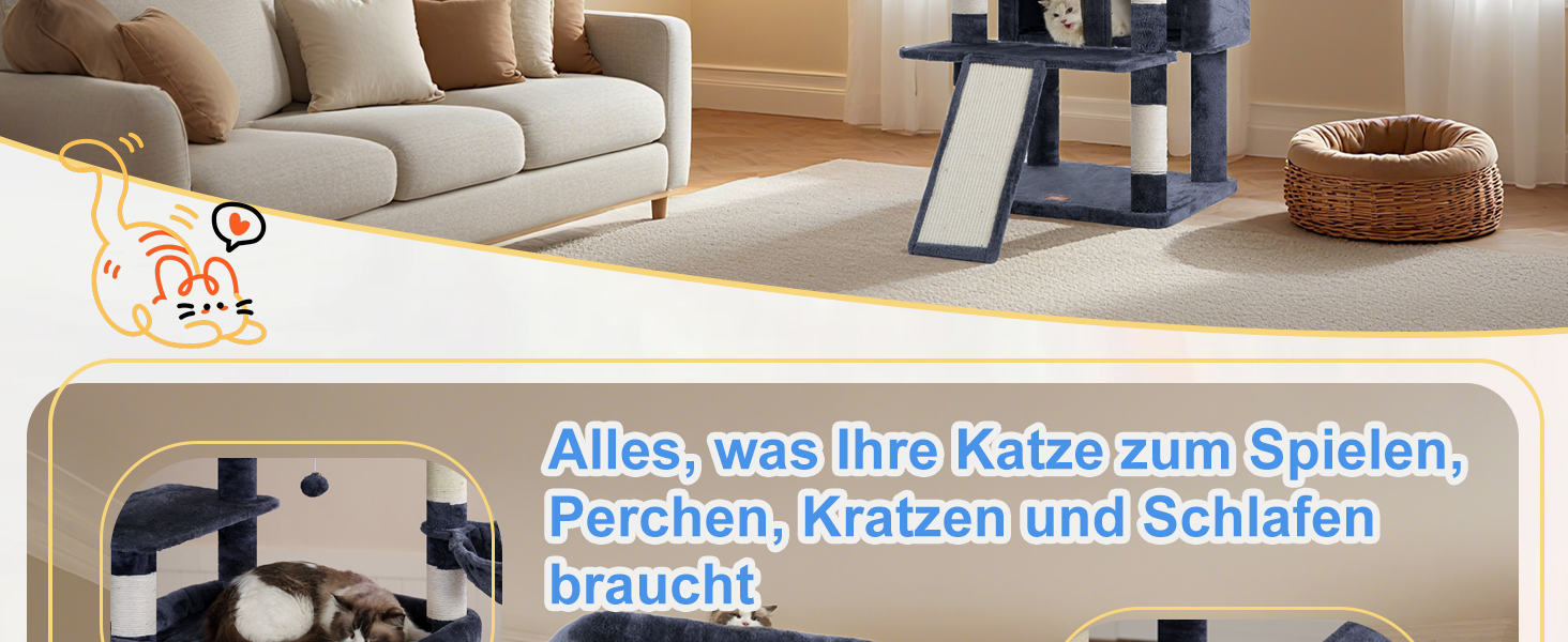 Драбина-будинок для котів Heybly HCT038W (Сірий) - 202 см з 2 платформами, будиночком, гамаком та сизалевим стовпом