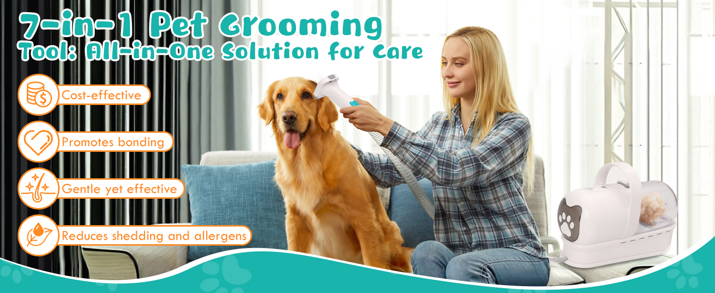 Машинка для стрижки собак з пилососом, 13000PA, 7 насадок для грумінгу, триммер для лап, щітка, гребінець, 3 рівні всмоктування