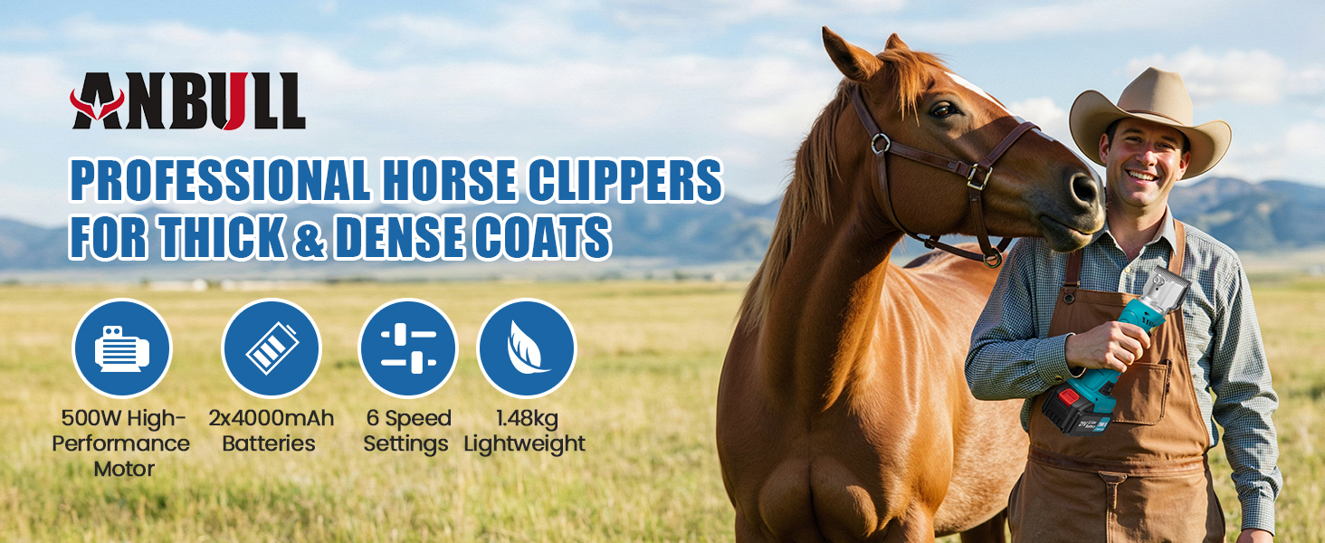 Акумуляторна машинка для стрижки шерсті Anbull: 2 акумулятори, 2800 обертів, для товстого та сплутаного хутра, 6 швидкостей, для коней, овець, кіз (Блакитна)