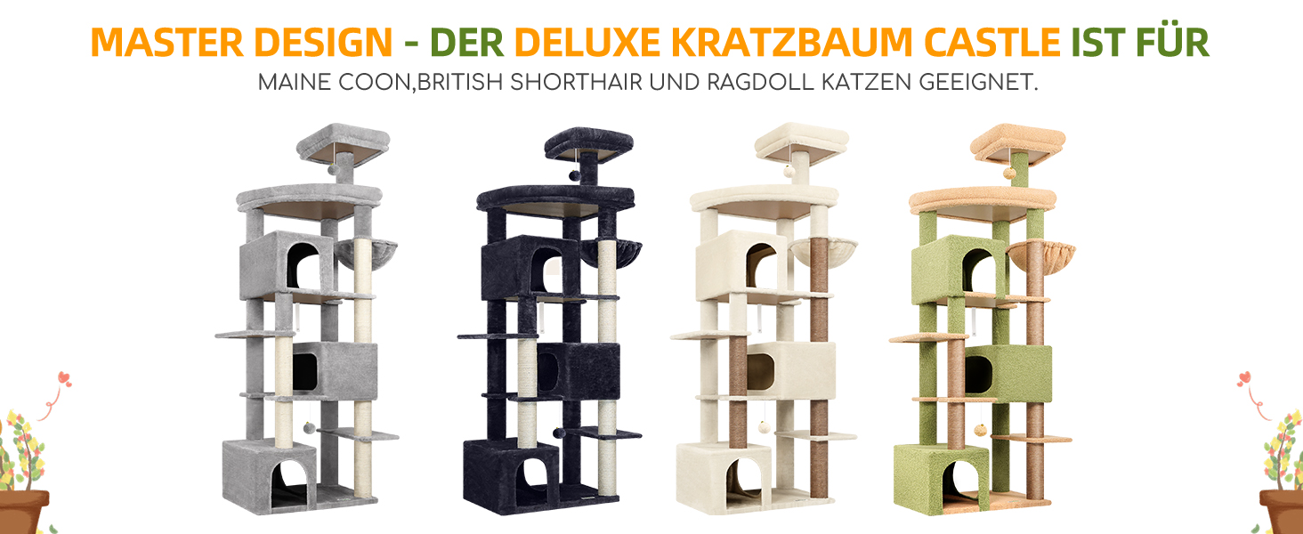 Комплекс для котів Globlazer XXL (203 см) для 4-6 великих котів, з 3 будиночками, платформами, кошиком та іграшками, стійкий, зелений