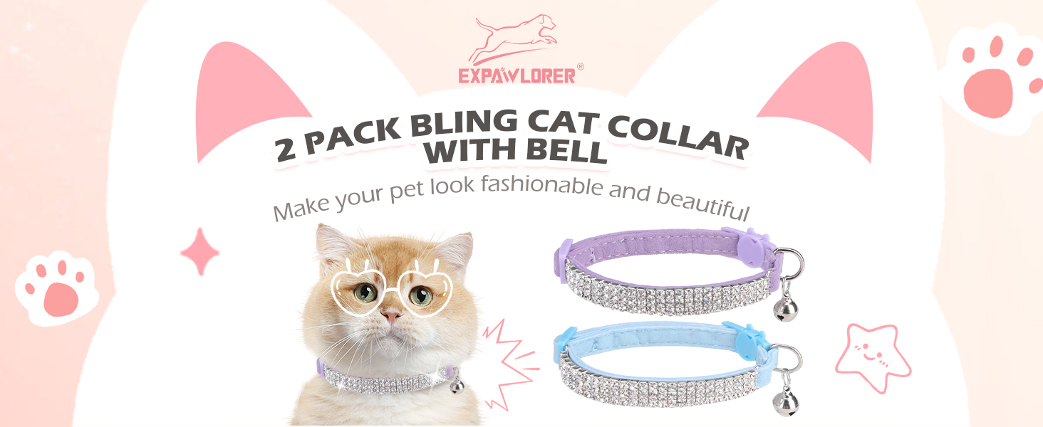 Нашийник для котів ExPawlorer з дзвіночком та стразами, на м'якому оксамиті, регульований, безпечний, для котів та маленьких собак, 2 шт., 9'-12' (Синій та фіолетовий)