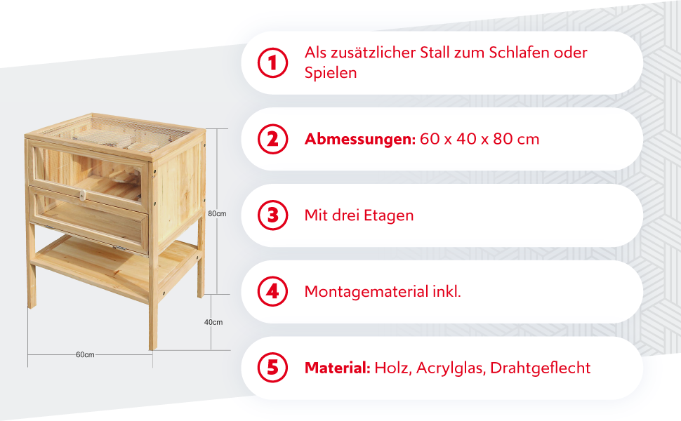 Клітка для тварин Wiltec 3-ярусна, 600x400x800 мм, дерев'яна, з відкидним верхом та оглядовим вікном, для мишей, хом'яків, 600 x 400 x 800 мм