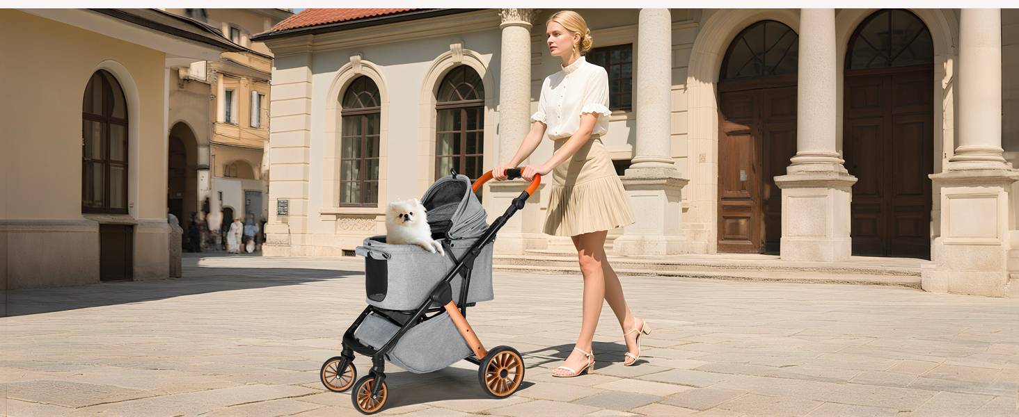Візок для собак та котів MAMIZO One-Touch, до 25 кг, сірий. Алюмінієвий каркас, регульована ручка, тримач для напоїв, поворотні колеса