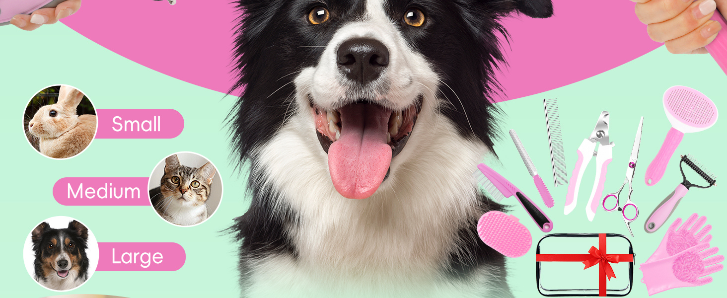 Набір для догляду за домашніми тваринами 10 предметів: щітка для собак проти випадіння шерсті з обрізачем кігтів та тримером, аксесуари для догляду за собаками/кішками, гребінець для видалення ковтунів + аксесуари для купання для всіх тварин
