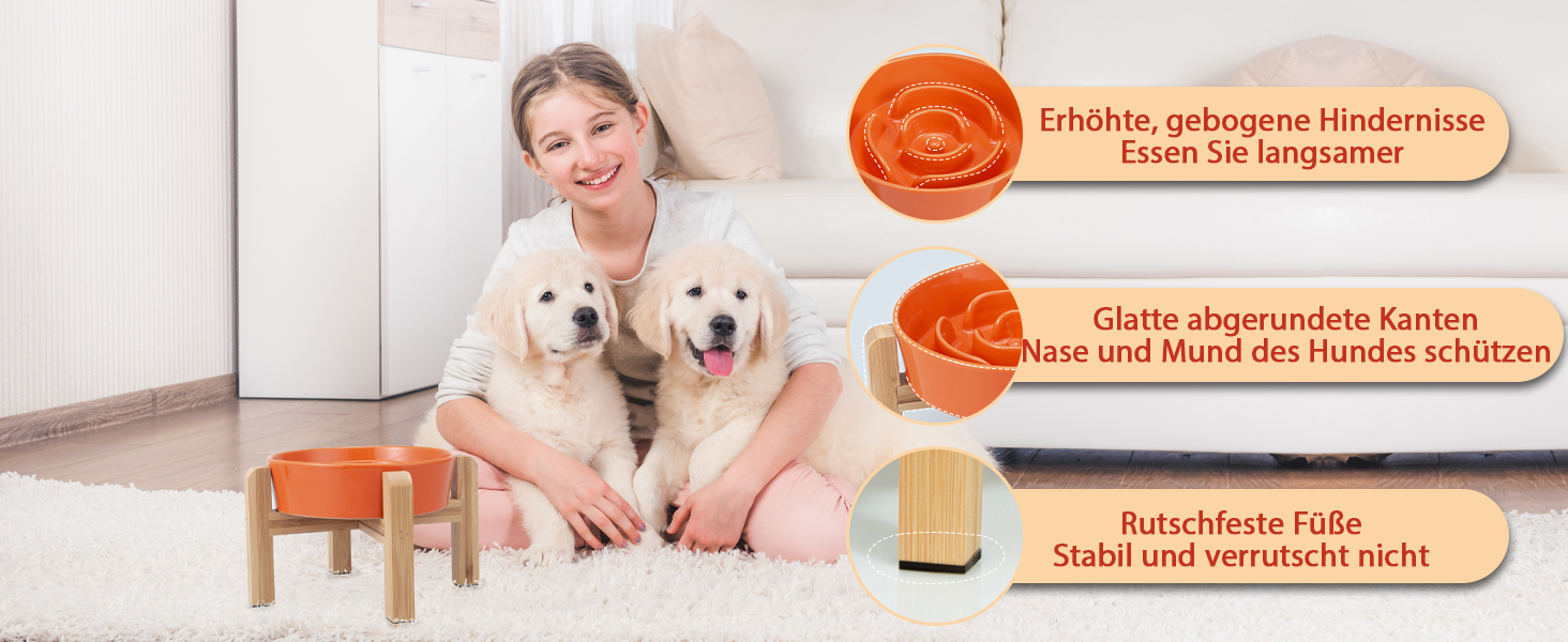 Антислизька годівниця для собак, кераміка, піднята - годівниця для собак на бамбуковому підставці, для повільного годування, для маленьких та середніх собак, білий, діаметр 17 см