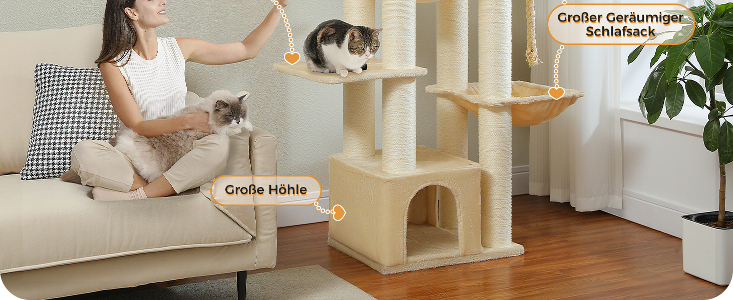 Котячий комплекс PAWZ Road з когтеточками, багатоярусний, з гамаком, 13 стовпчиків для дряпання (діаметр 11 см), велика платформа, висота 170 см, 2 кошики, колір бежевий