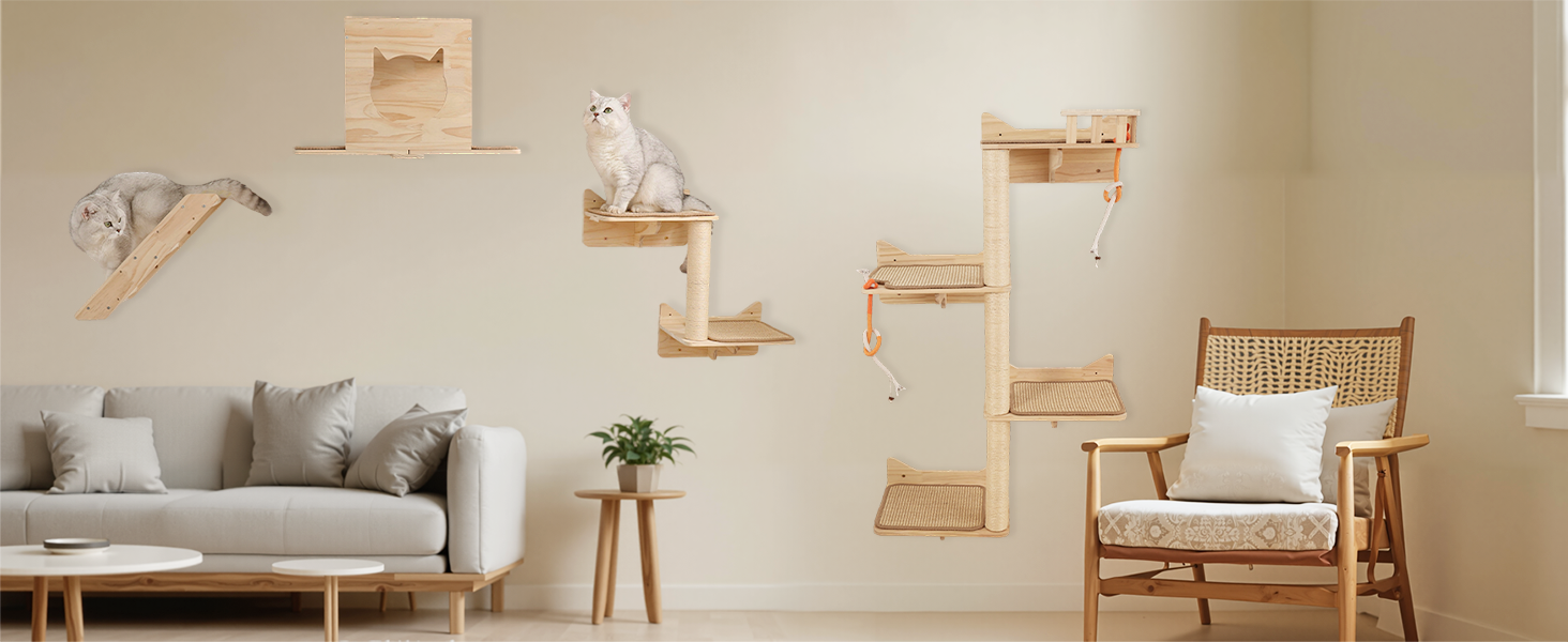 Котячий комплекс на стіну MIUZMORE: 7 елементів, котячі полиці та стійки для дряпання з високого сизалю, кріплення на стіну, котячий крізь-дерево, компактні меблі для дому.