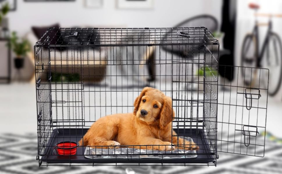 Клітка для собак Arebos | Транспортна переноска для собак, складана | Клітка-переноска для авто | Клітка для собак з 2 дверцятами | Чорна (92,5 x 60 x 66 см)