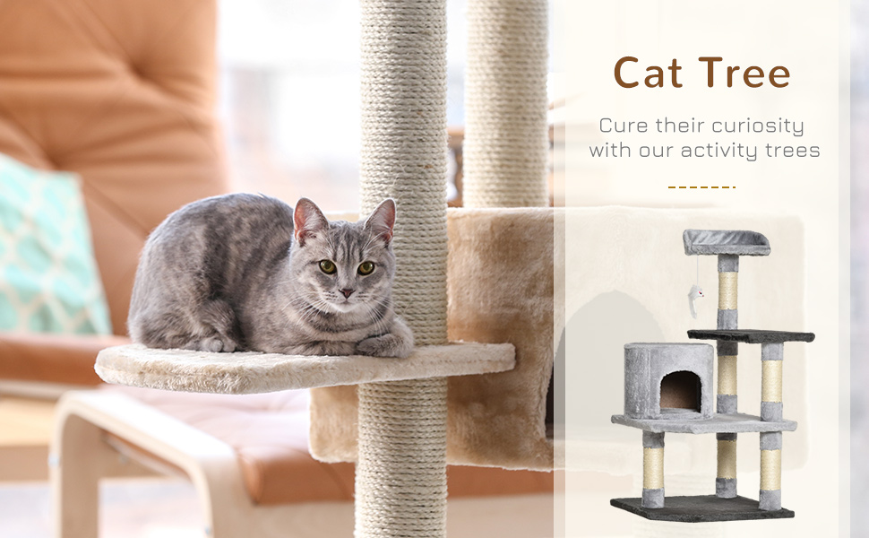 Кігтеточка PawHut для котів - велика кігтеточка-вежа 48x48x100 см з платформами, будиночком та сірим плюшем